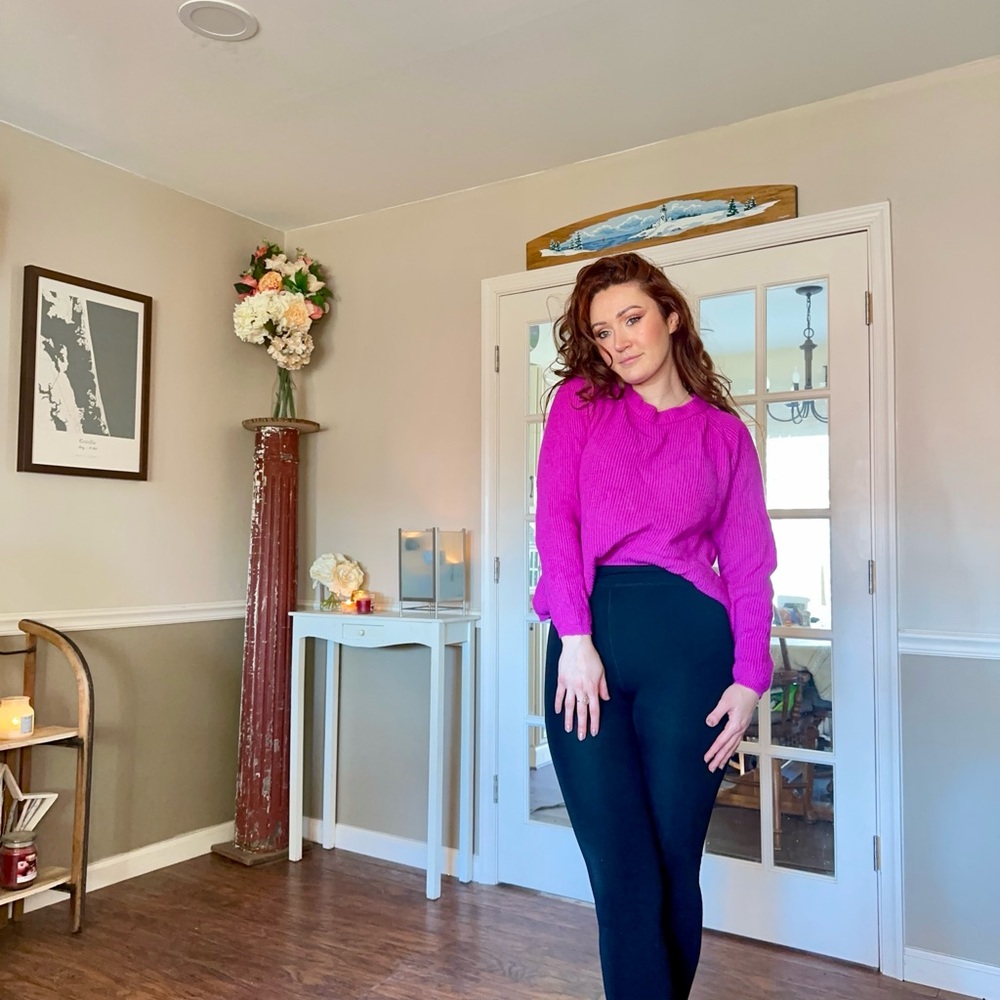 Tahari Black High-Waist Leggings with Pink Sweater Accent